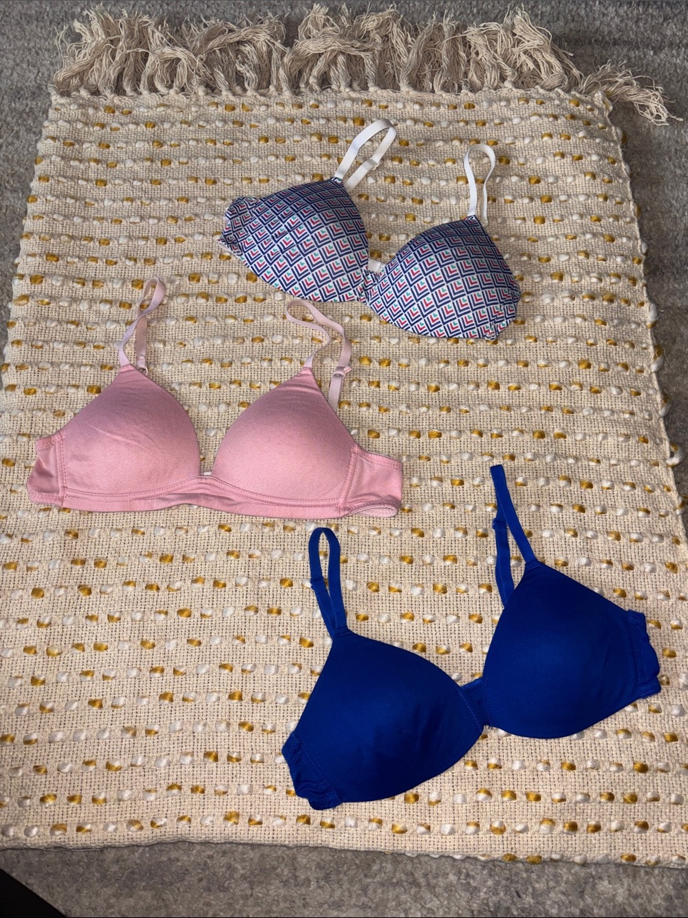Hanes Bras Trio — Pink, Royal Blue & Geometric Print